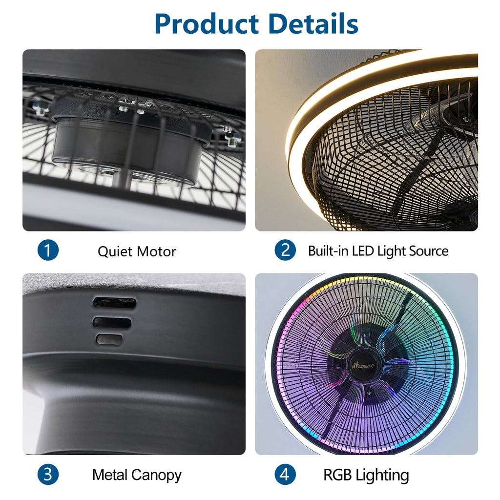 HuixuTe 21 in Modern Ceiling Fan with Light Remote Control, 3 Colors 3 Speeds Enclosed Low Profile FUSH Mount Ceiling Fan with Light for Bedroom Living Room