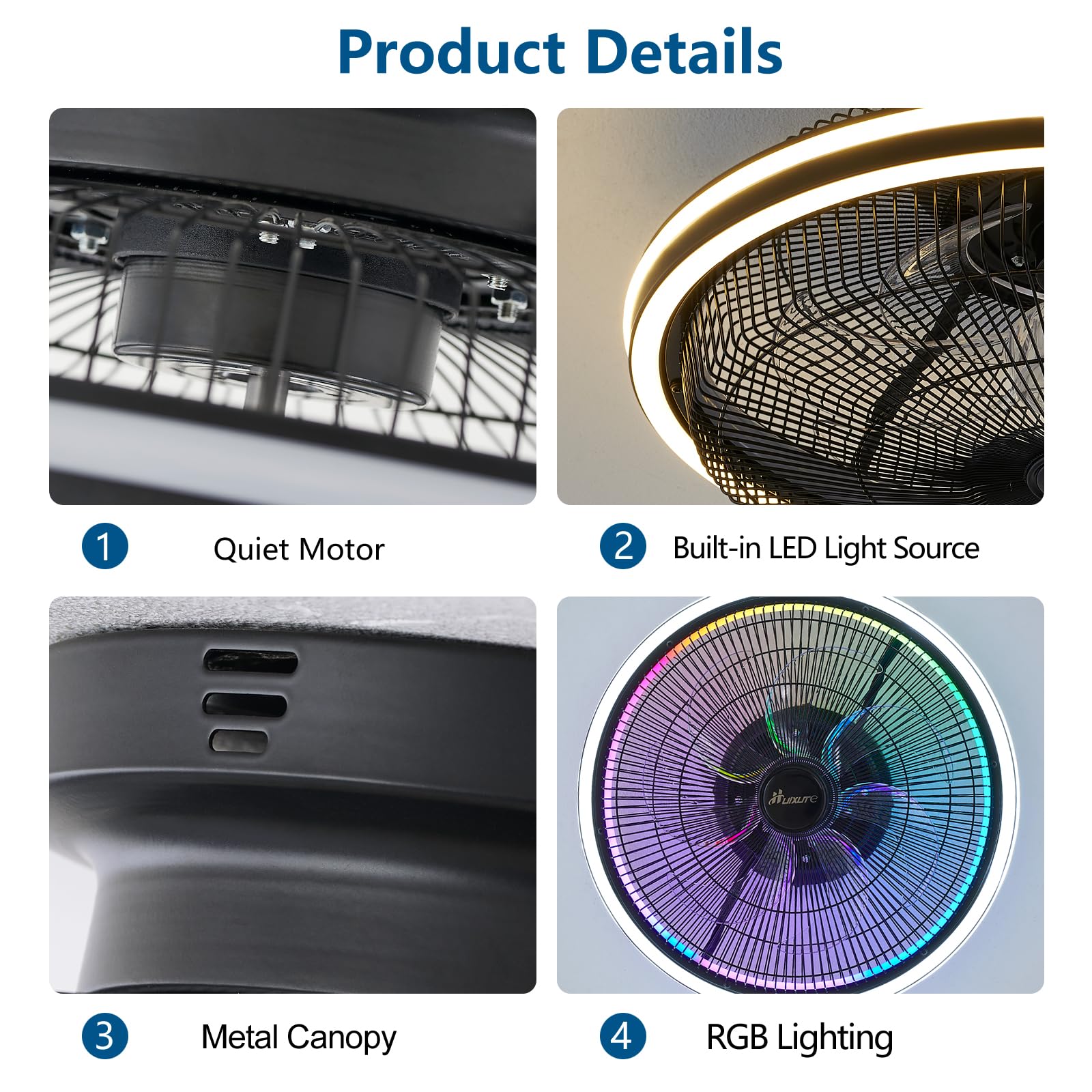 HuixuTe 21 in Modern Ceiling Fan with Light Remote Control, 3 Colors 3 Speeds Enclosed Low Profile FUSH Mount Ceiling Fan with Light for Bedroom Living Room