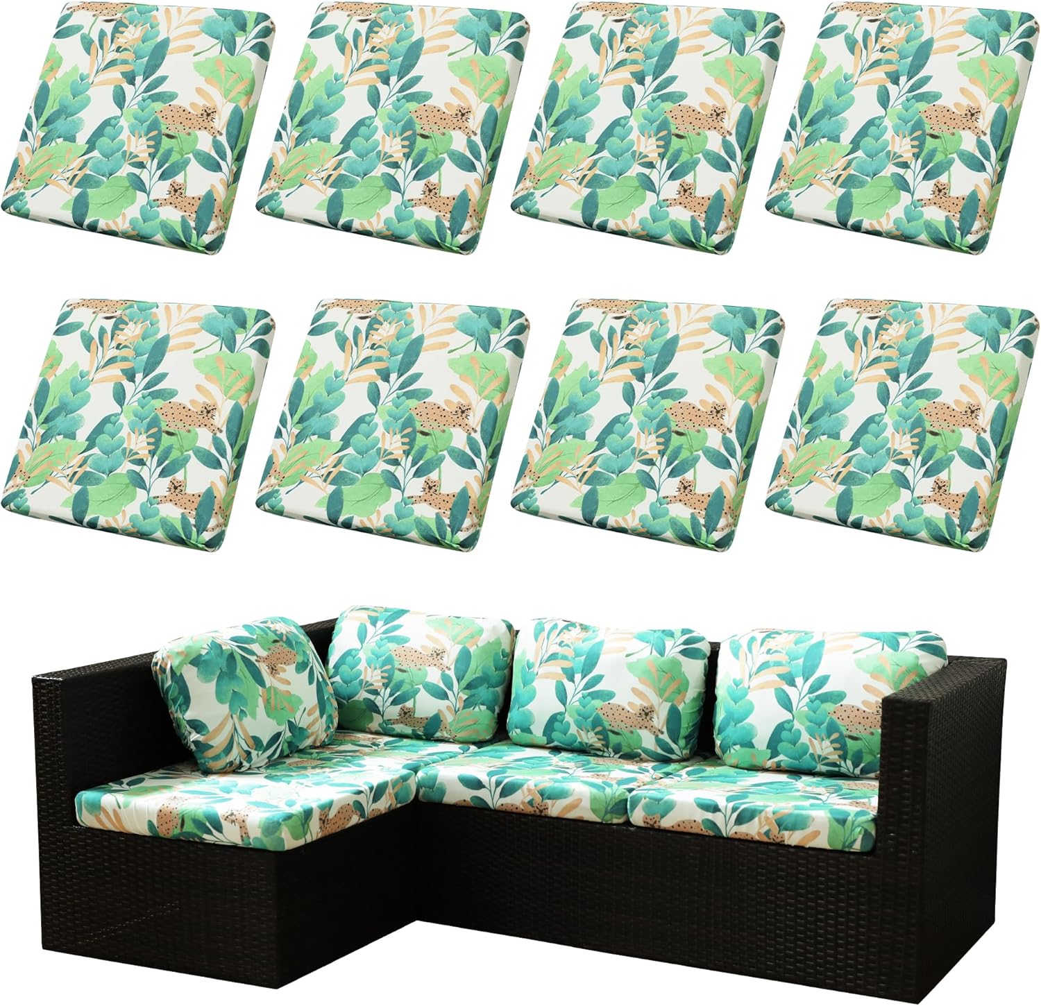 BIETYONE Outdoor Couch Cushion Covers - 8Pcs Washable & Reusable Leopard Slipcovers for Patio Furniture