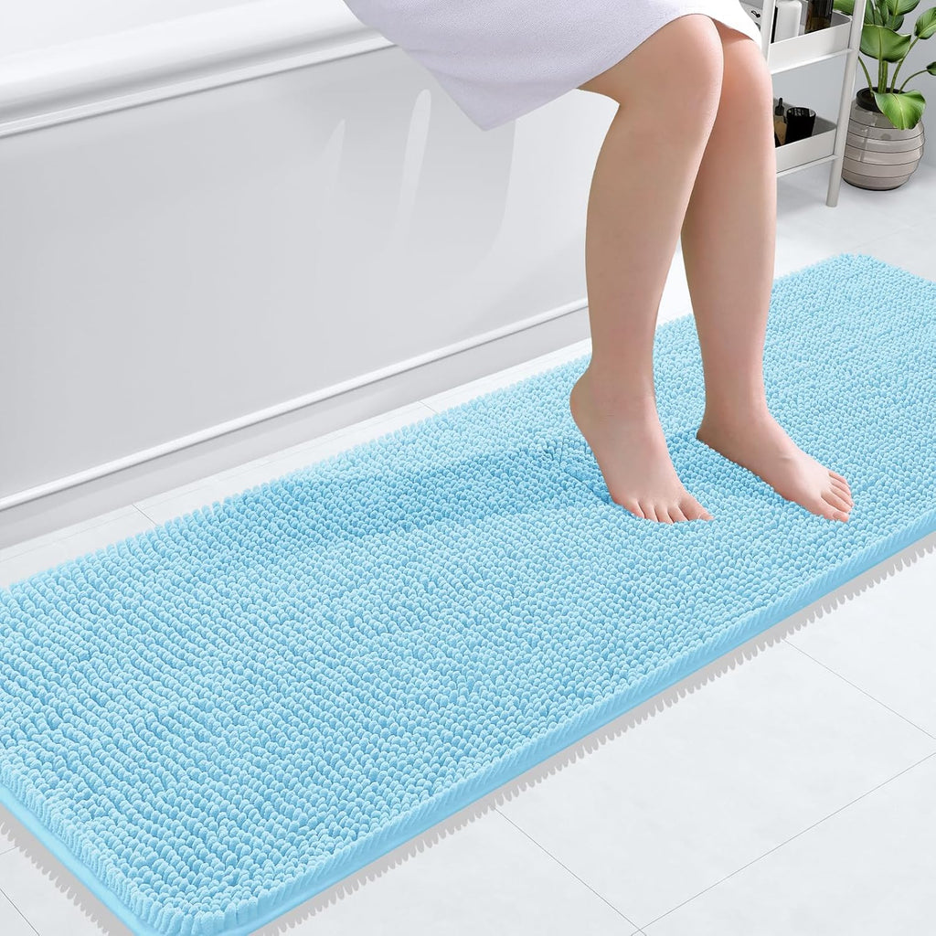 OLANLY Bathroom Runner Rugs - Soft Absorbent Chenille | Quick-Dry Rubber Backing - 59x20, Sky Blue