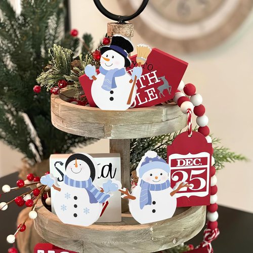 COCHIE Snowman Christmas Decorations - Cute Winter Tiered Tray Decor Set of 3 | Wooden Xmas Table Blocks