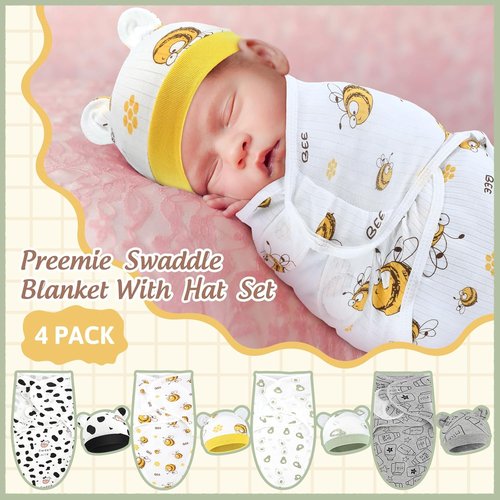 Buryeah Preemie Swaddle Blanket Wrap Set - 4 Pack with Hat for Baby Boys & Girls (3-7 lbs)