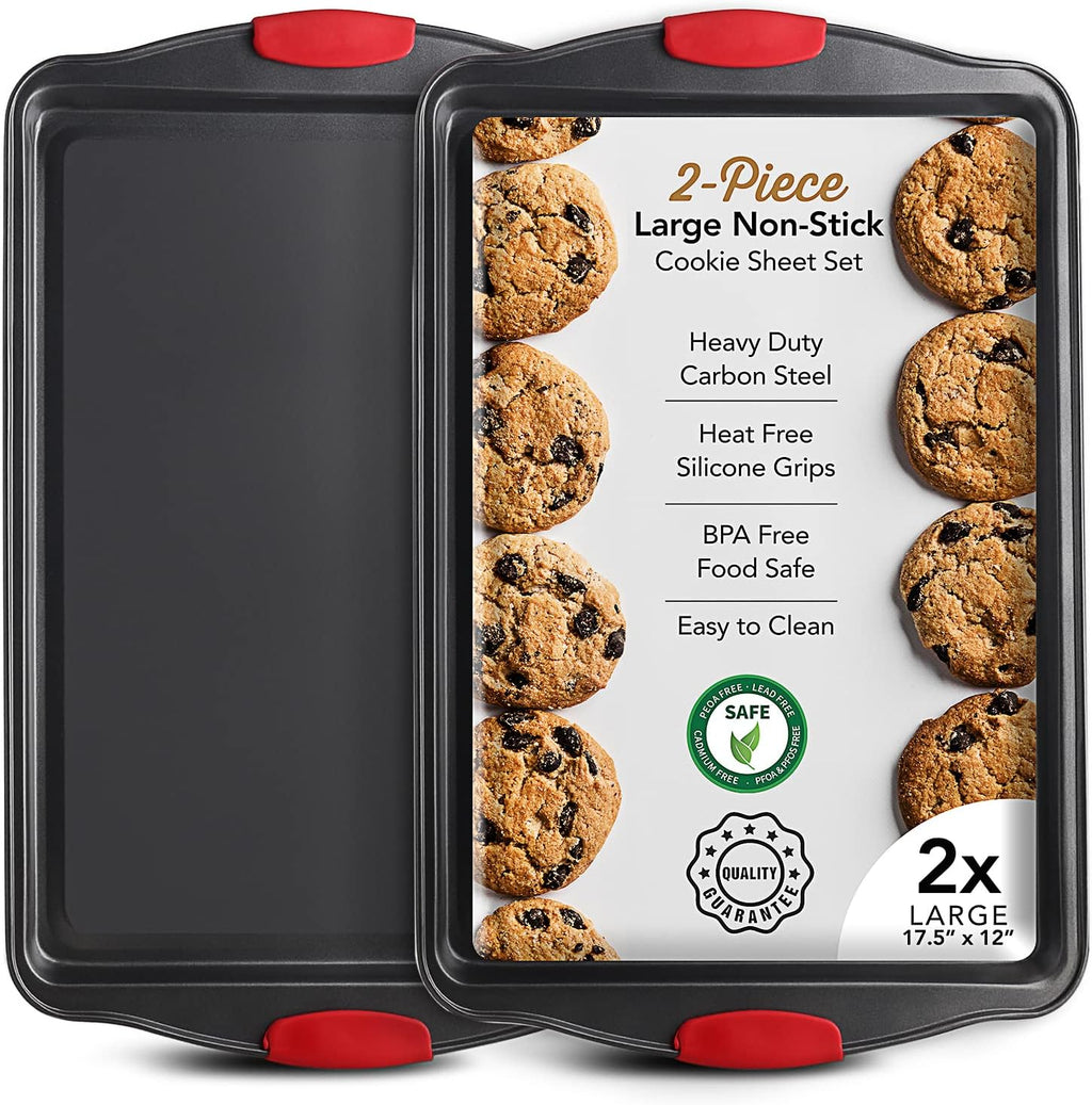 Skiennix Baking Sheet Set - 2-Piece Large Nonstick Cookie Sheets with Silicone Handles | BPA-Free Steel Pans