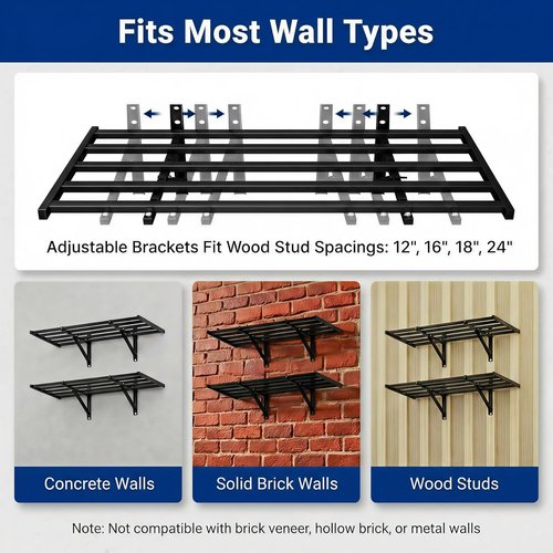 FLEXIMOUNTS Heavy Duty Garage Wall Shelving - 2x4ft Wall-Mounted Storage with 8 Hooks, 400lbs Capacity