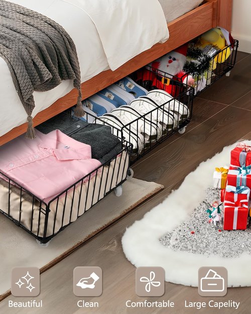 Jifader 4 Pack Larger Under Bed Storage With Wheels,Rolling Under Bed Drawer,Under Bed Shoes Storage,Open Design, Large capacity,Suitable For Various Storage