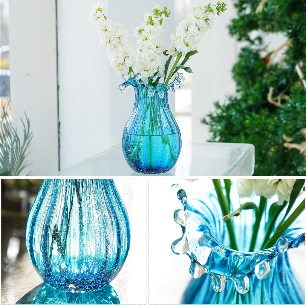 Skiennix 8-Inch Blown Glass Bubble Vase | Modern Art Flower Decor for Home & Weddings - Blue