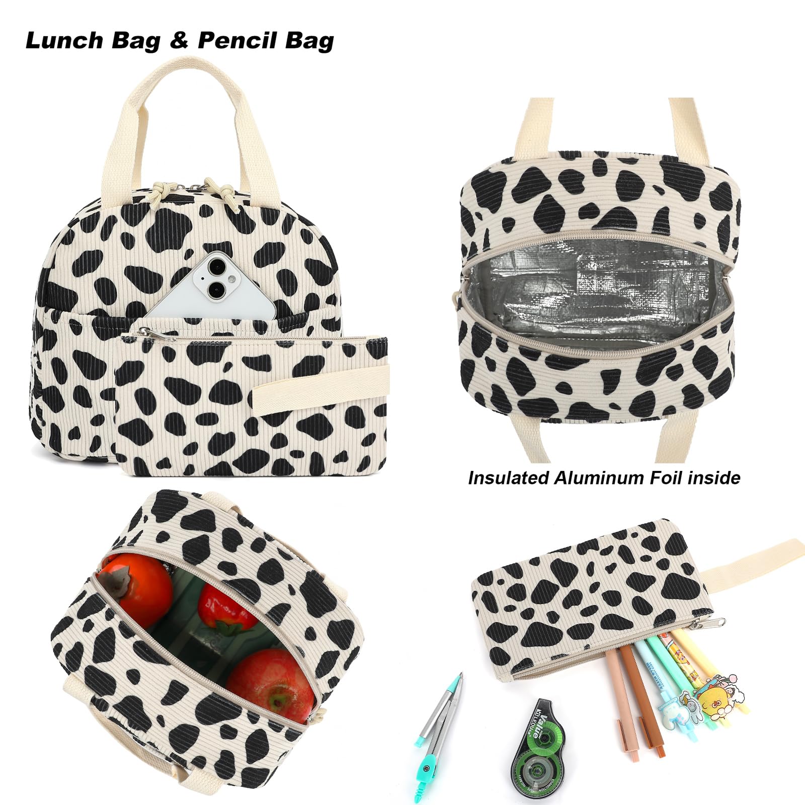 Yusudan Corduroy Girls Backpack Set, 3PCS School Backpacks for Kids Elementary Middle School Bags with Lunch Box Pencil Case (Beige Corduroy Cow Print)