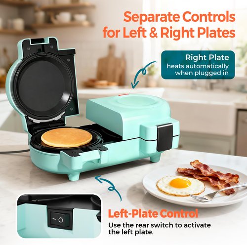 2-in-1 Double Waffle & Pancake Maker - CACHOO Mini 4" Nonstick Waffle Iron & Small Round Griddle with 4 Removable Plate Sets, Dishwasher Safe, Perfect for Small Spaces, Apartments & Dorms, Aqua