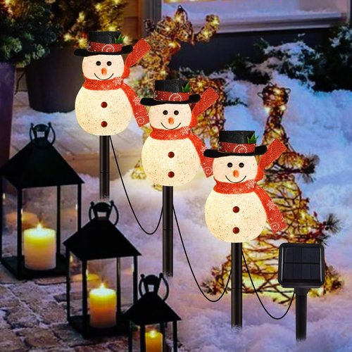 LIGHTSHINE 3PCS Snowman Shape Solar Christmas Lights Decorations, Solar Landscape Pathway Stakes Lights, Outdoor Christmas Decor for Garden, Yard, Patio, Porch (White)