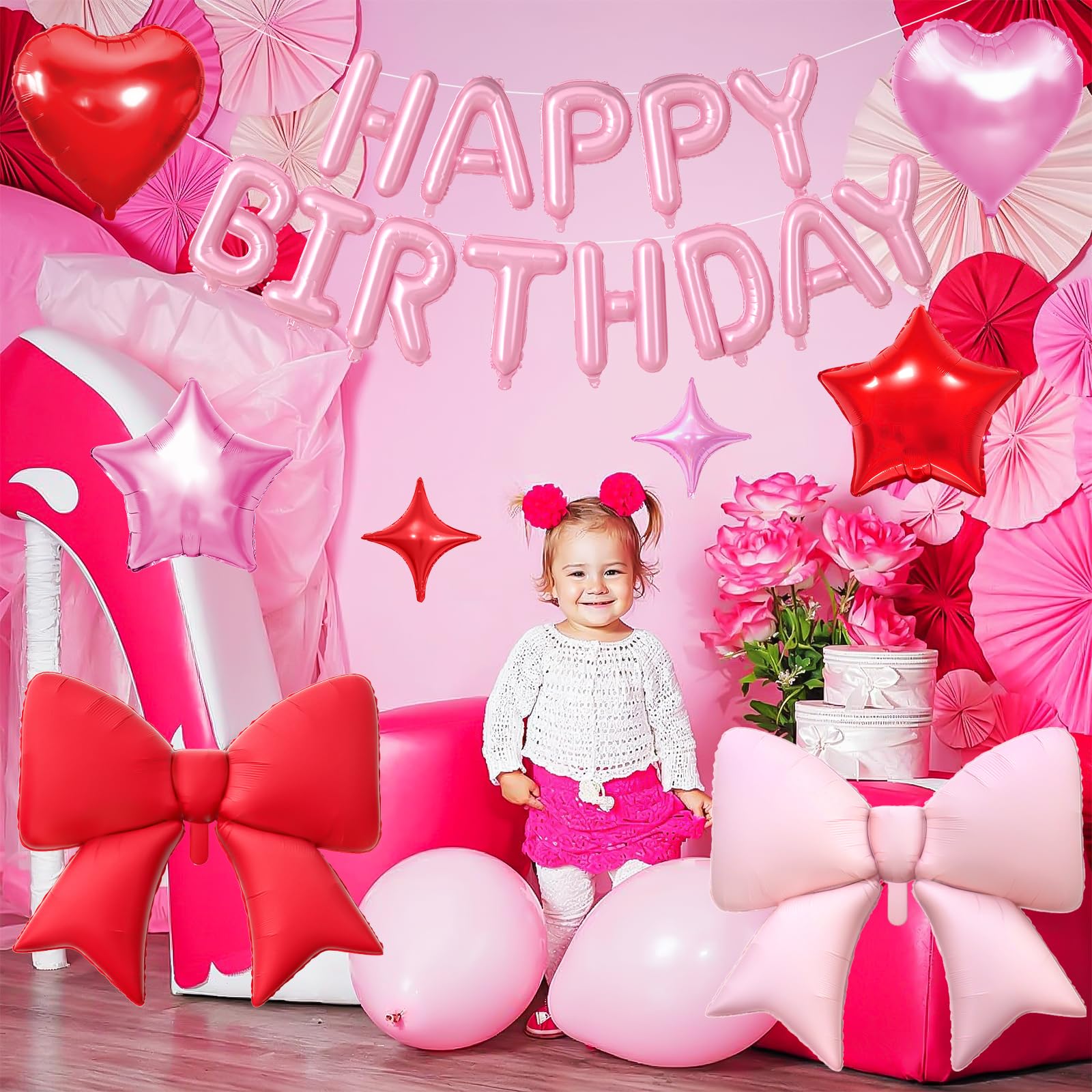 Red Pink Bow Birthday Decorations,38 Inch Helium Pink Red Bow Balloon Happy Birthday Balloons Banner Star Heart Foil Balloons for Women Men Party Supplies