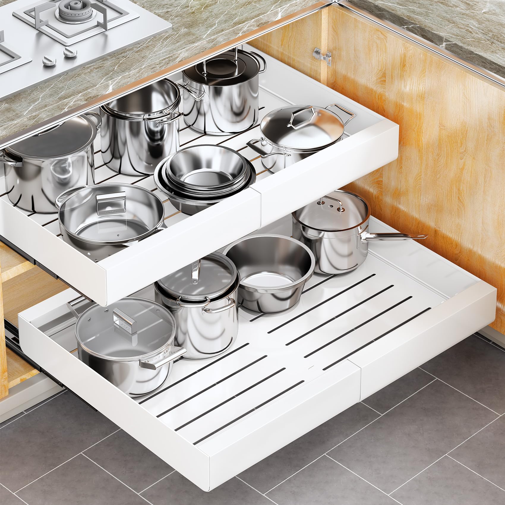Pull out Cabinet Organizer, Wider Expandable(14"-24") Heavy Duty Slide out Drawers Fixed with Adhesive Nano Film for Pots, Roll out Shelf Storage for Kitchen Cabinet Organization(White-1pc)(3 Rails)