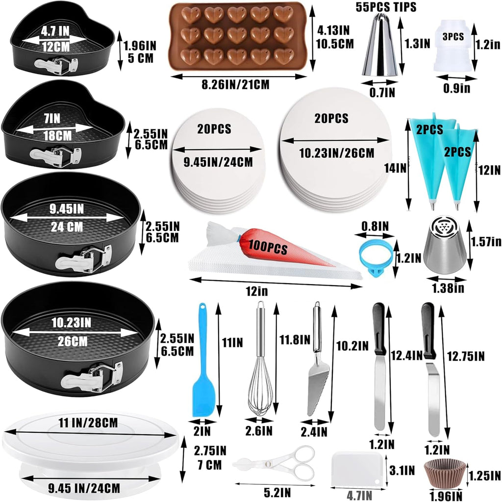 540PCS Cake Decorating Kit | Complete Baking Supplies Set with 4 Springform Pans & Rotating Turntable