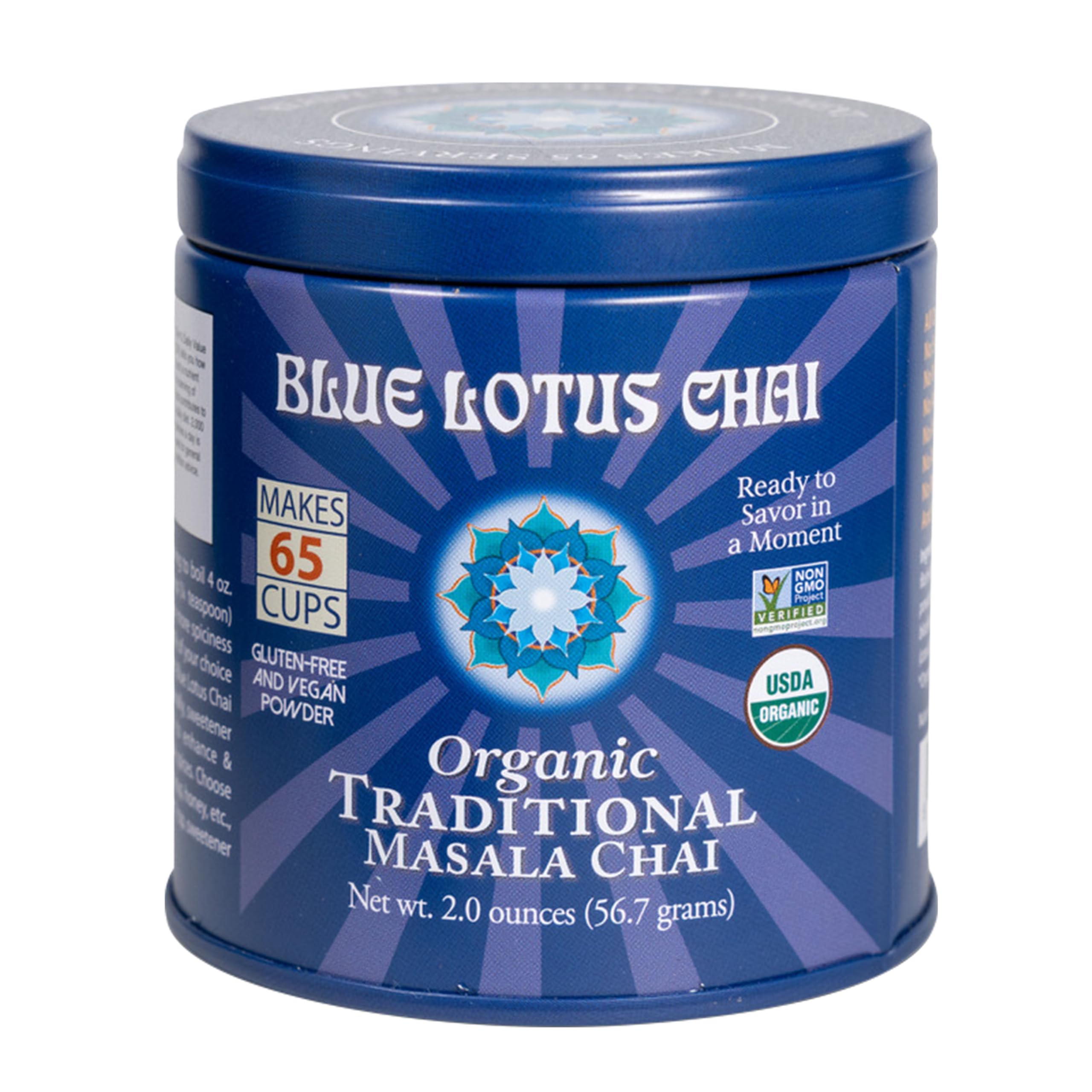 Blue Lotus Chai Tea - Fully Organic Traditional Masala Chai - Makes 65 Cups - 2 Ounce Masala Spiced Chai Powder with Organic Spices - Instant Indian Tea No Steeping - No Gluten