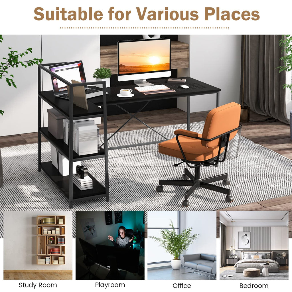 COSTWAY 59 Inch L-Shaped Computer Desk, Large Reversible Corner Desk with Open Storage Shelves, Space-Saving Writing Study Table PC Laptop Gaming Desk, for Home Office (Black)