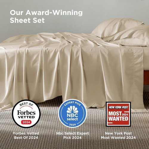 Bedsure King Size Cooling Sheet Set - Breathable Rayon from Bamboo, Deep Pocket Up to 16", Luxurious Beige