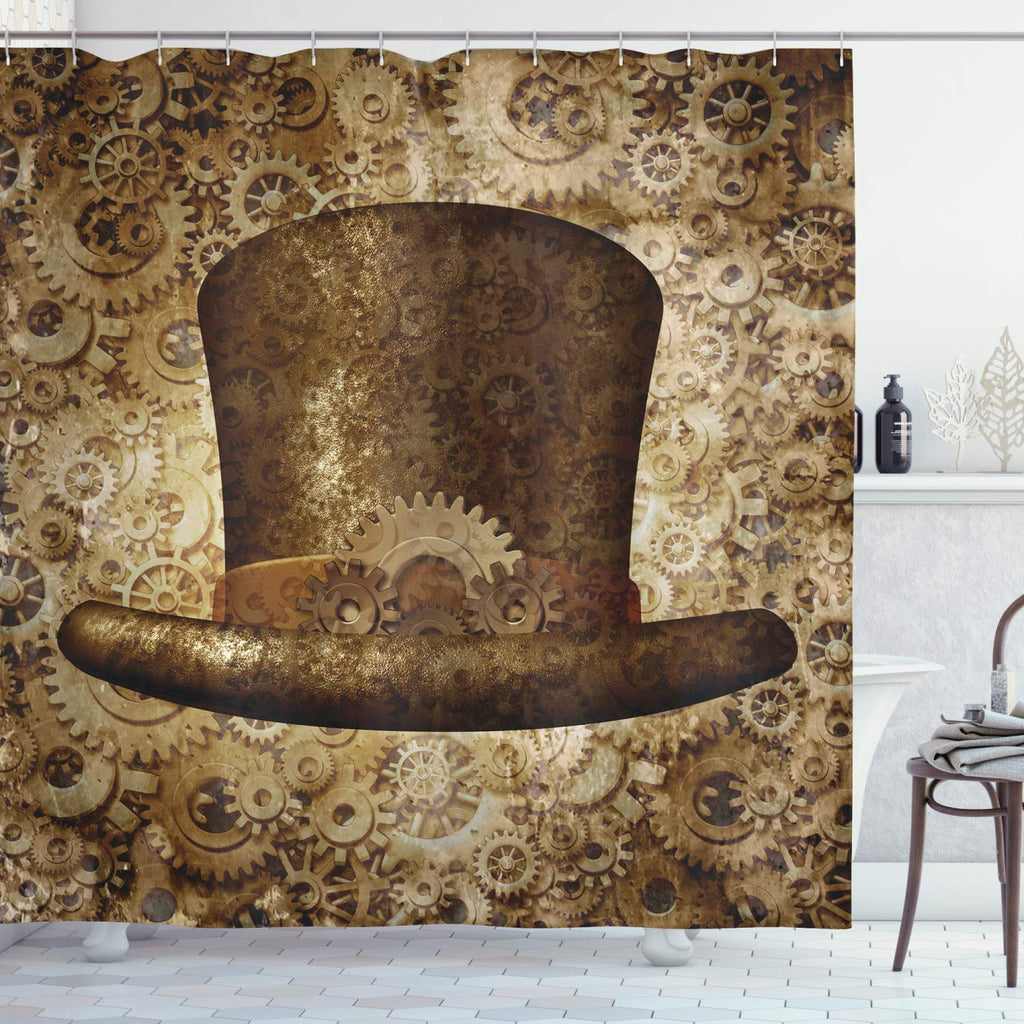 Ambesonne Victorian Shower Curtain, Steampunk Hat Fantasy Science Fiction Concept Futuristic Gears Cogs Print, Cloth Fabric Bathroom Decor Set with Hooks, 69" W x 84" L, Sand Brown