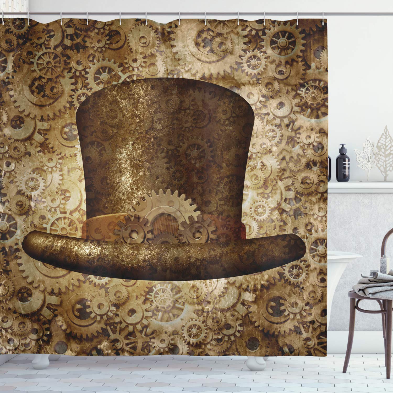 Ambesonne Victorian Shower Curtain, Steampunk Hat Fantasy Science Fiction Concept Futuristic Gears Cogs Print, Cloth Fabric Bathroom Decor Set with Hooks, 69" W x 84" L, Sand Brown