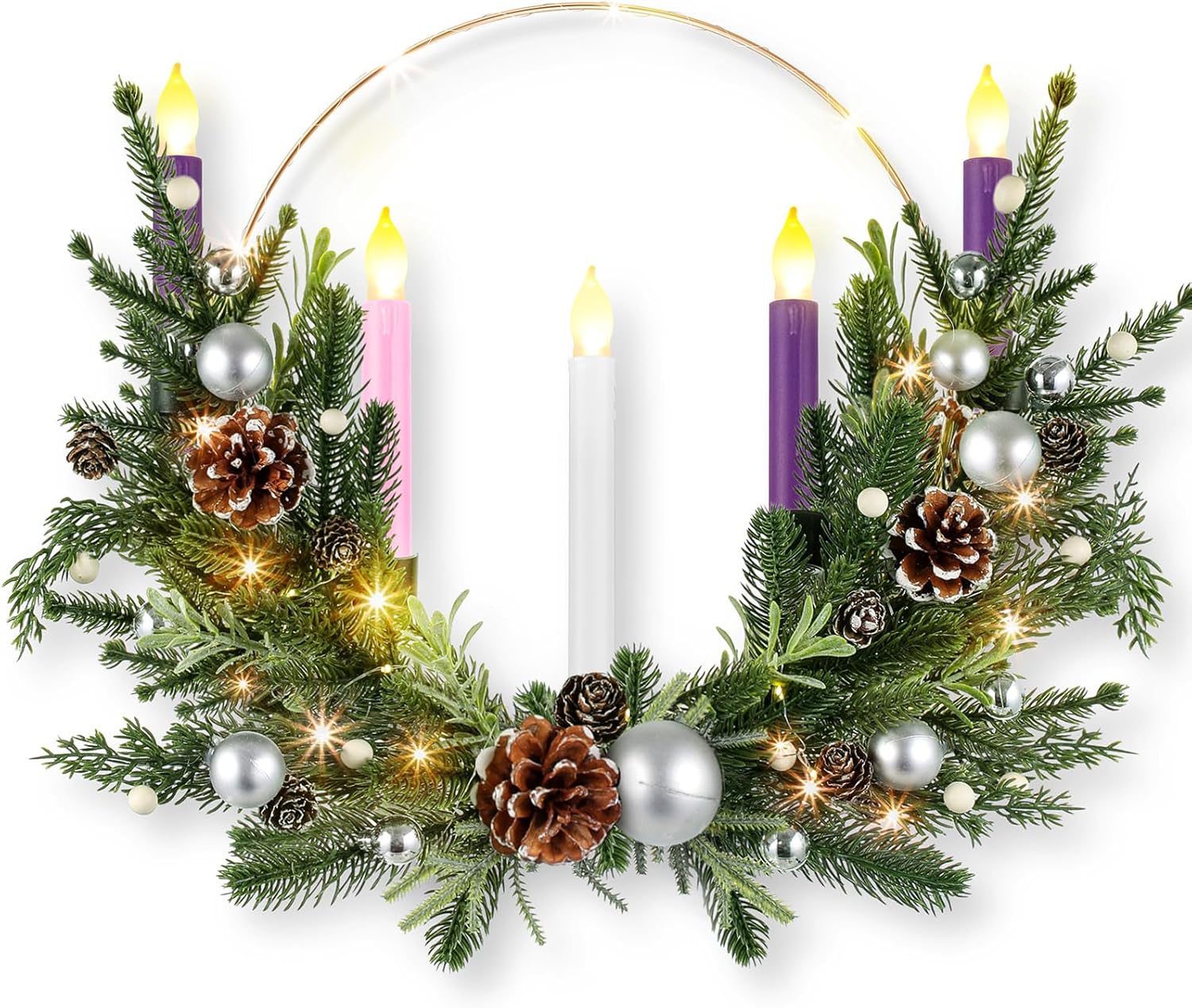 Suncalla Advent Wreath Set - 5 Flameless Candles with Timer Remote & LED String Lights | 20-Inch Pine Cone Decor