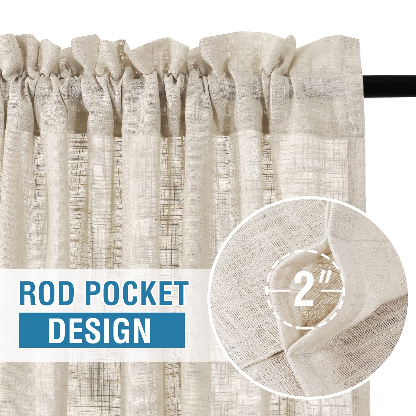 H.VERSAILTEX Linen Curtains 84 Inches Long for Living Room and Bedroom - Natural Linen Blended, Light Filtering, Rod Pocket, Burlap Textured, 2 Panel Sets, Angora