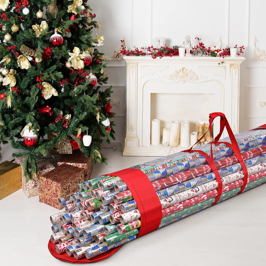ProPik Gift Wrap Organizer - Heavy-Duty Wrapping Paper Storage Bag | Holds 24 Rolls, 40 Inch Long, Red & Clear
