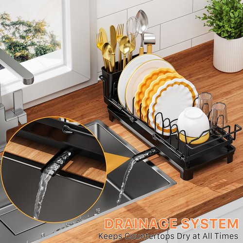 masadi Small Dish Drying Rack - Expandable Sink Dish Drying Rack Over Sinks with Drying Tray, Dish Drainer for Kitchen Counter with Adjustable Cutlery Holder, Space-Saving for Small Kitchens, Black