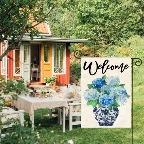 AVOIN Colorlife Garden Flag - Spring Hydrangea Floral Design | Double-Sided 12x18 Inch, Blue & White