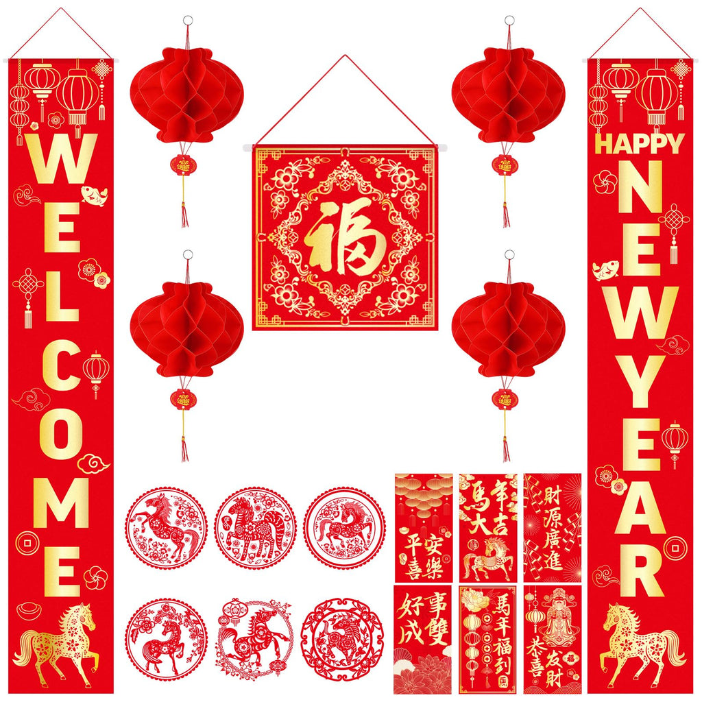 Marspark 20 Pcs Chinese New Year Decorations 2026 Set, Lunar Year Banner Decor Couplet Chunlian Fu Character Red Paper Lanterns Porch Sign Window Decor Envelope for Spring Home Office Festival Party
