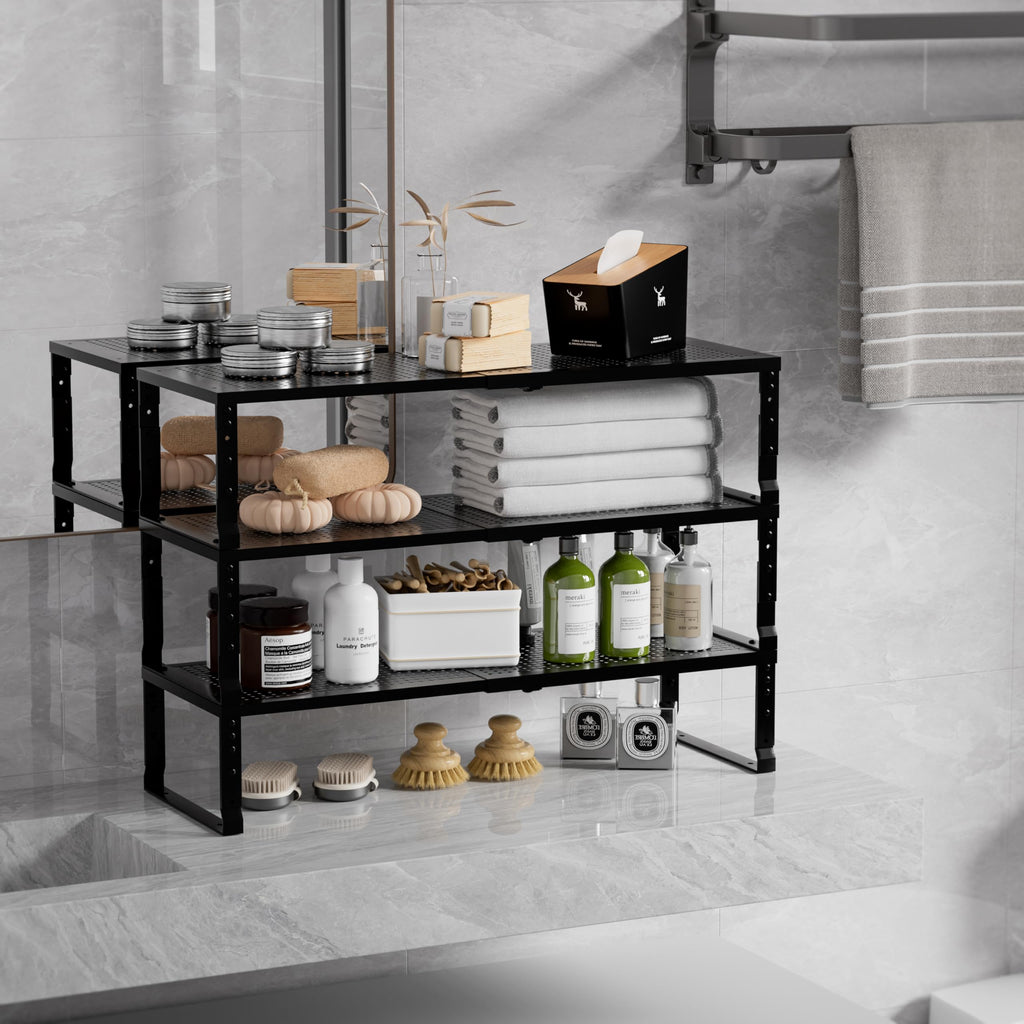 Zilvando Expandable Spice Rack & Kitchen Cabinet Organizer - Stackable, Adjustable Shelves for Cabinets, Countertops, Cupboards & Pantries(2 Packs/Medium/Black)