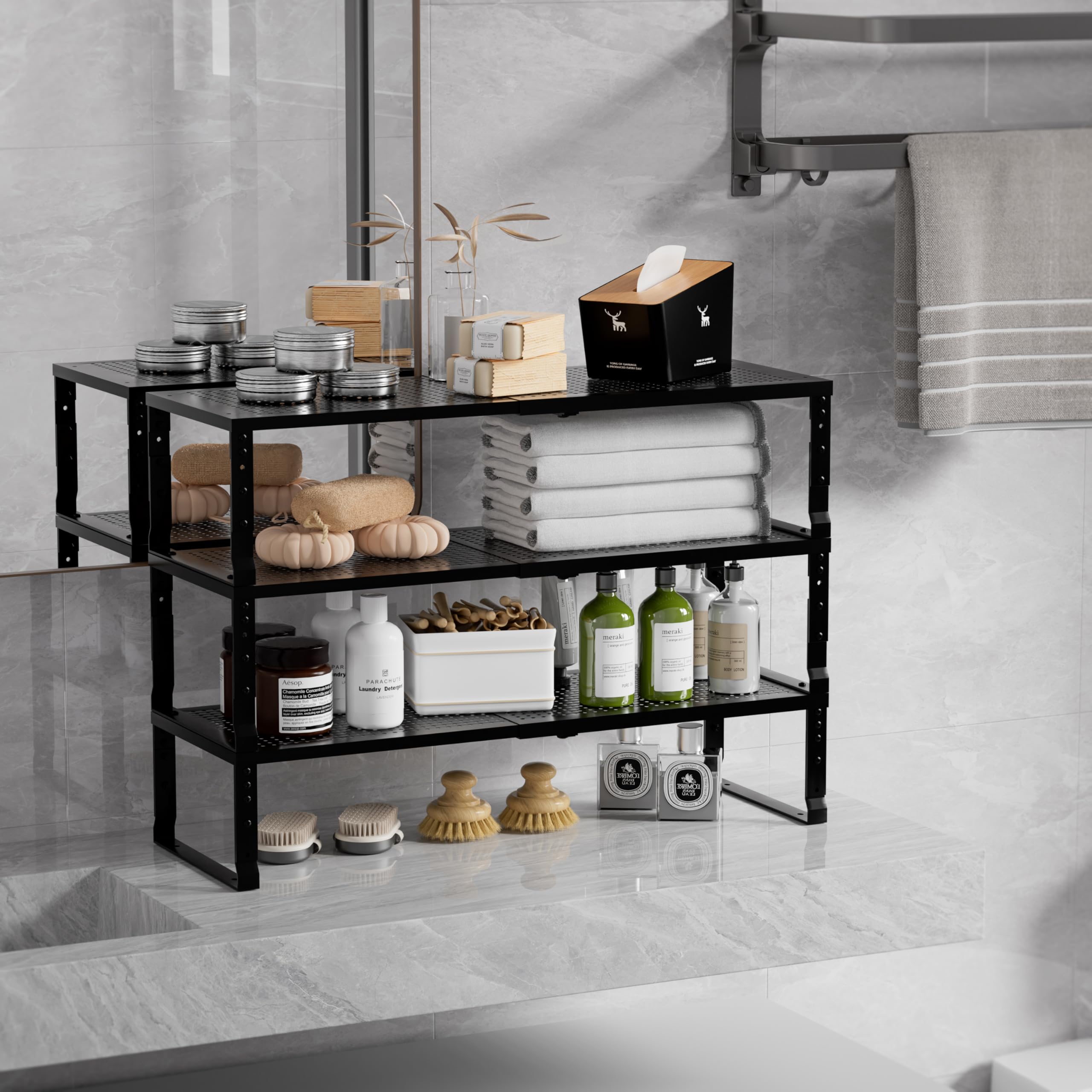 Zilvando Expandable Spice Rack & Kitchen Cabinet Organizer - Stackable, Adjustable Shelves for Cabinets, Countertops, Cupboards & Pantries(2 Packs/Medium/Black)
