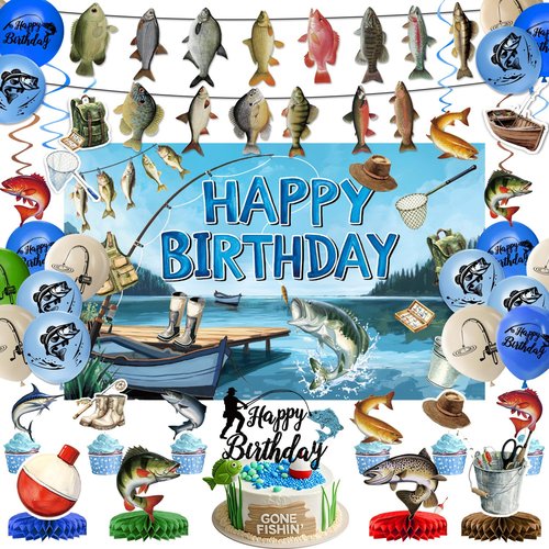 Fishing Birthday Party Decorations Includes Backdrop, Banner, Hanging Swirls, Balloons, Cake & Cupcake Toppers, Honeycomb Centerpieces for Ofishally One Birthday Decorations