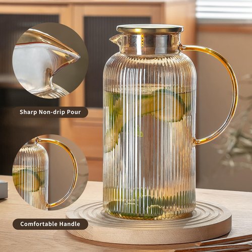 Buaic 2 PACK Glass Pitcher with Lid, 68 oz/ 2 Liter Amber Classic Vertical Stripes Water Pitcher,Glass Water Carafe for Cold Brew, Coffee, Lemonade, Iced Tea,Beverage, Heat Resistant Water Glass Jug