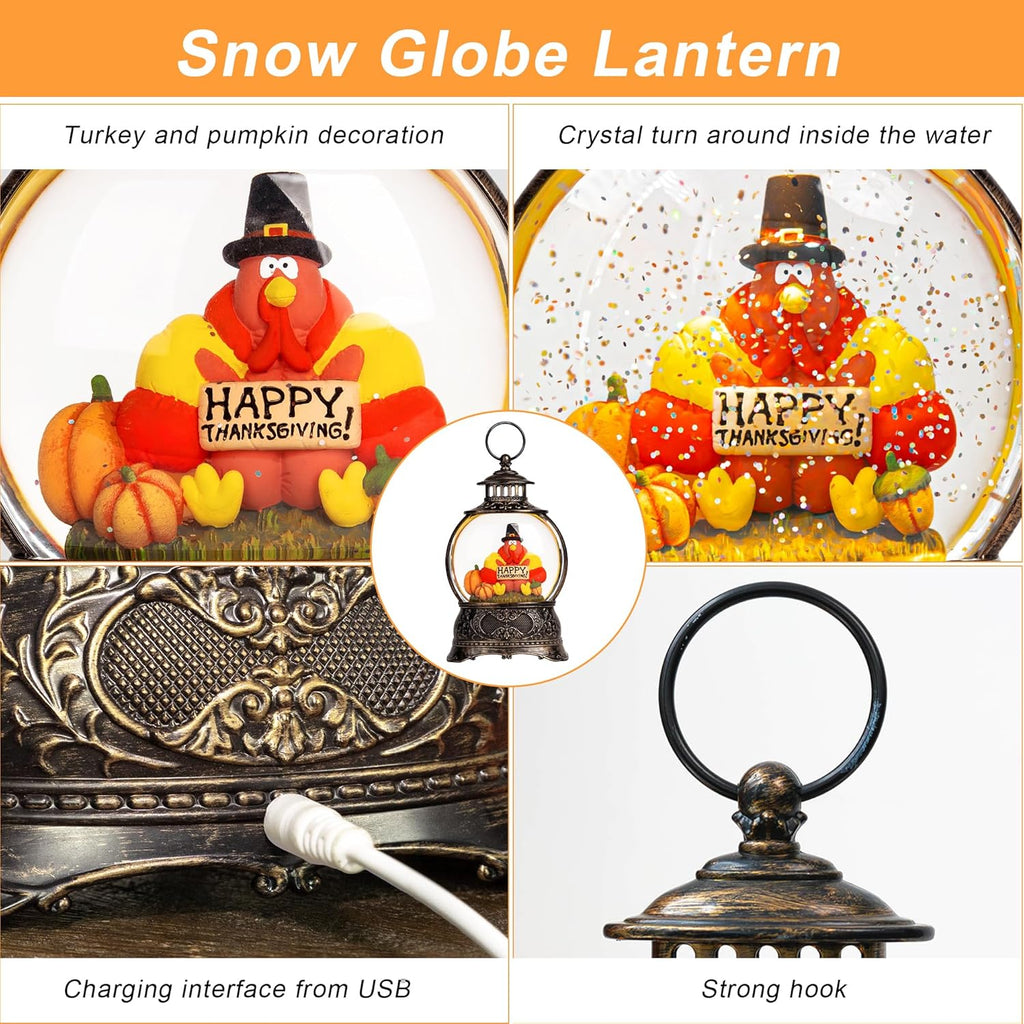 Regine Switzerland Snow Globe - Swirling Glitter Thanksgiving Lantern | Autumn Harvest Decor (Turkey & Pumpkins)