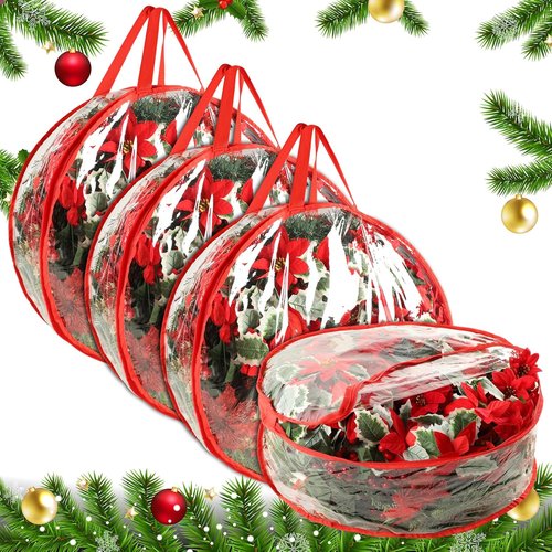 4 Pcs Christmas Wreath Storage Bag - 24 Inch Waterproof PVC Container with Red Edging & Handles