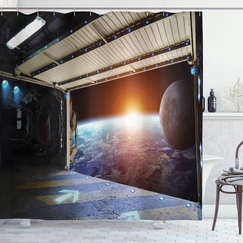 Ambesonne Outer Space Shower Curtain, Earth Scene from a Space Plane Runway Globe Galaxy up to Stars Sci-Fi Picture, Cloth Fabric Bathroom Decor Set with Hooks, 69" W x 84" L, Marigold Blue