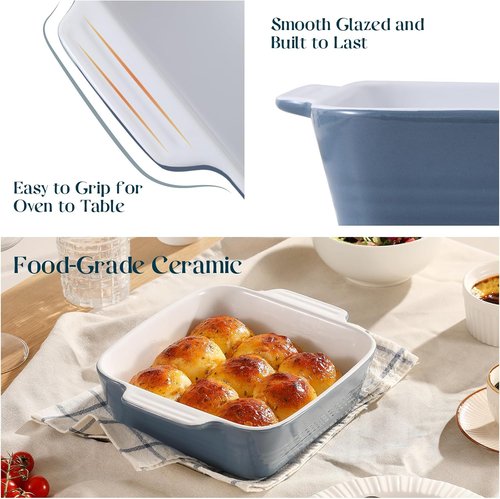 DOWAN 8x8 Ceramic Baking Dish - Versatile Square Casserole Pan with Handle | 2 Quart, Airy Blue