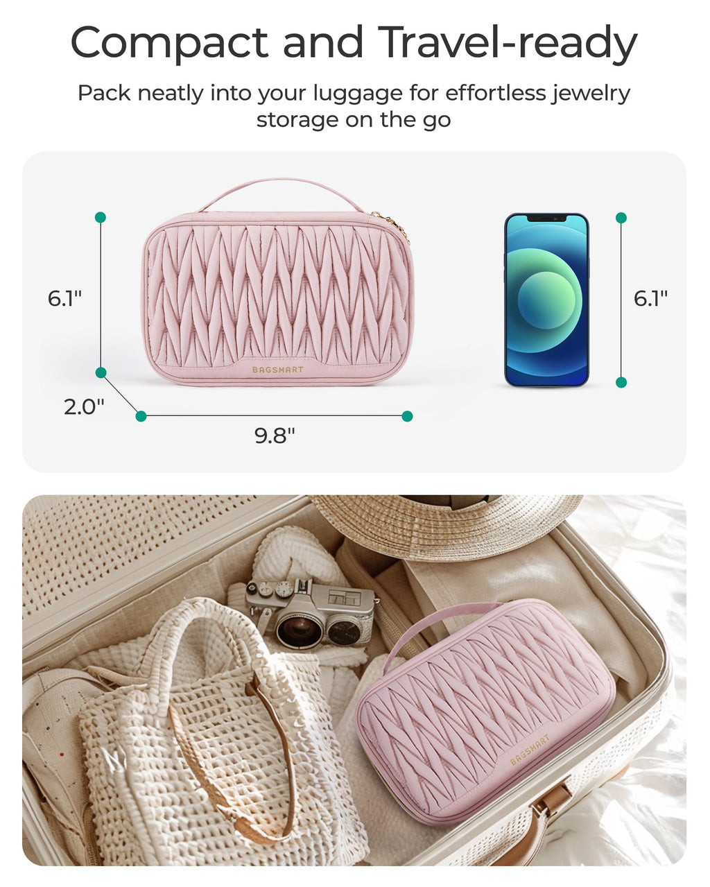 BAGSMART Travel Jewelry Case Jewelry Organizers and Storage Earings Holder Organizer for Women Necklace Holder Jewelry Rolls for Necklaces, Earrings, Bracelets-Pink