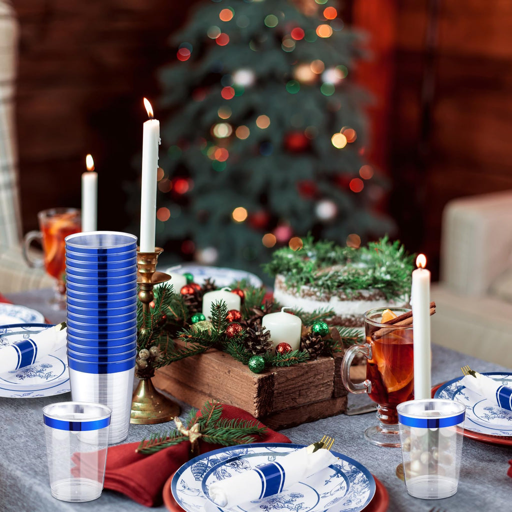 Suttmin 350 Pcs Plastic Dinnerware Set for 50 Guests Include 50 Dinner Plates, 50 Dessert Plates, 50 Pre Rolled Napkins with Gold Silverware, 50 Cups for Party(Blue and White Porcelain)