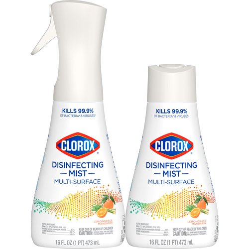 Clorox Disinfecting Mist, Lemongrass Mandarin, Household Essentials, 1 Sprayer Bottle and 1 Refill, 16 Fl Oz Each
