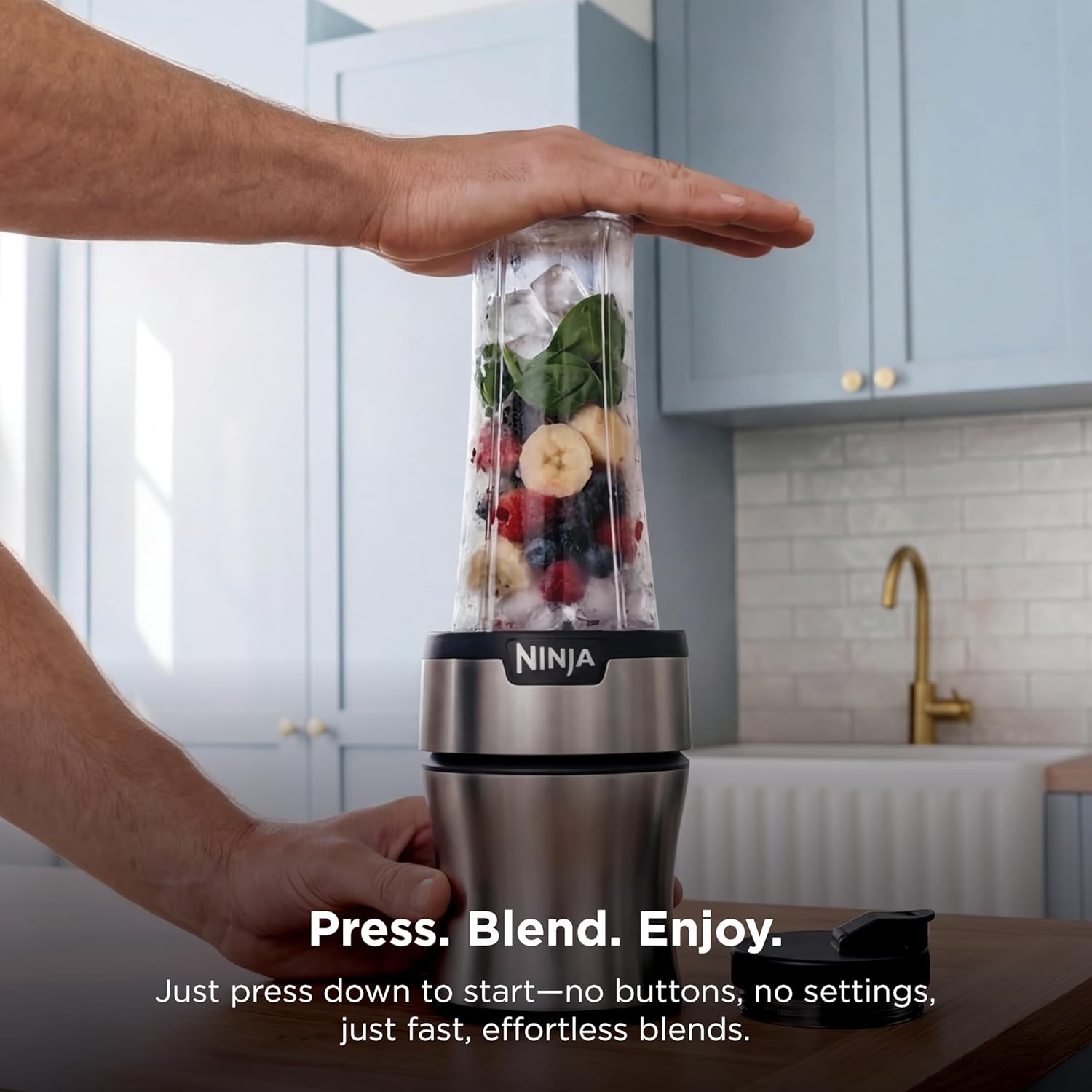 Ninja Nutri-Plus Personal Blender - Compact Push to Blend for Smoothies & Frozen Drinks | 900W | Silver | 3 To-Go Cups
