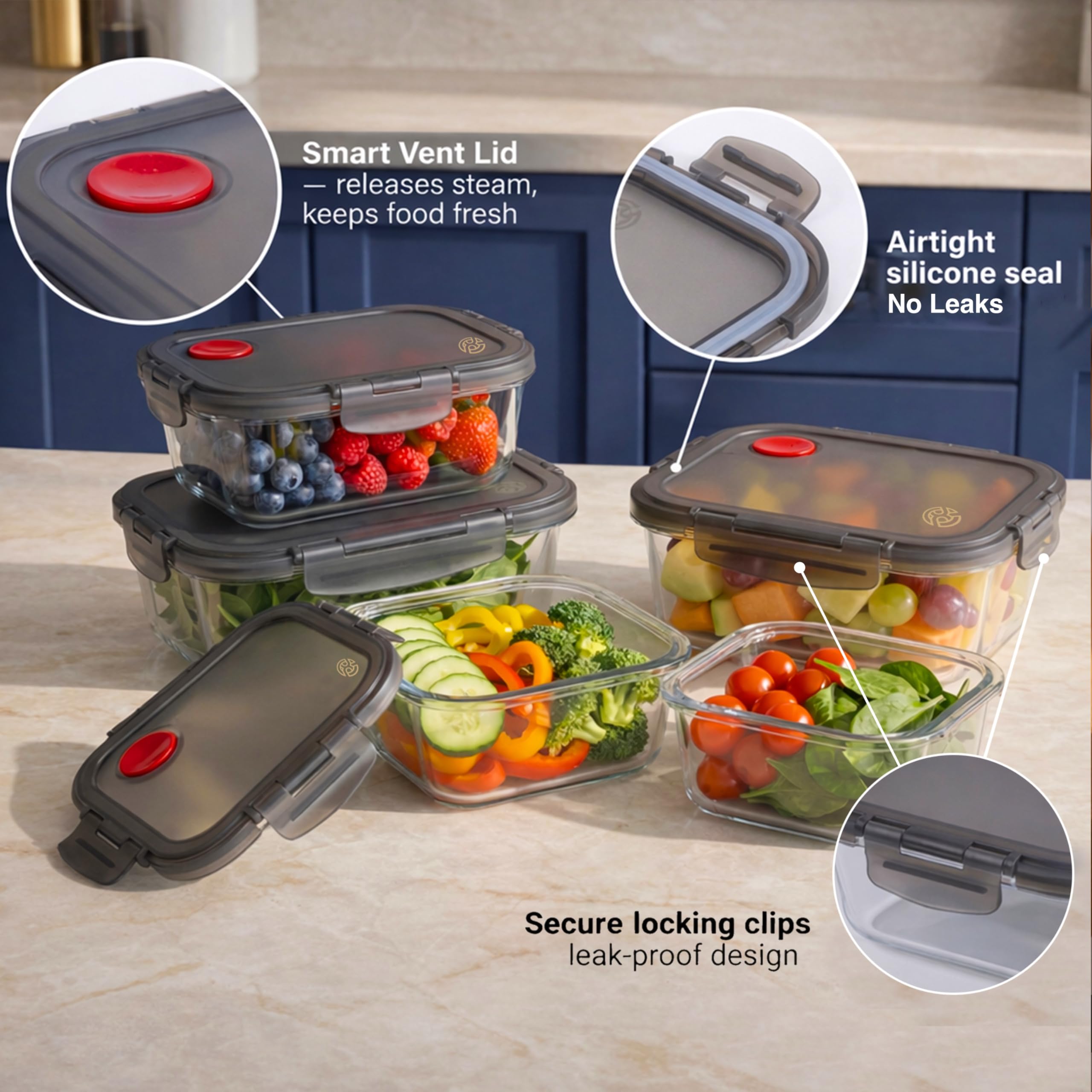 Clutterix Borosilicate Glass Airtight Food Storage Containers with Vented Lids, Assorted Set of 6 (3 Rectangular & 3 Square)
