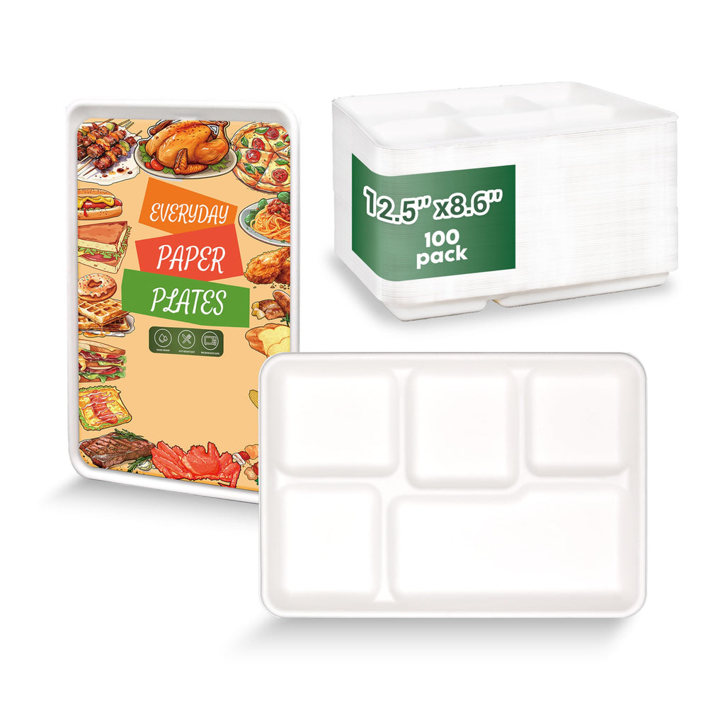 ZOES HOMEWARE 5 Compartment Plates Disposable, 100 Pack, 12.5" X 8.6" 100% Compostable Disposable Paper Plates with Dividers for School Lunch, Party, Buffet, Picnic