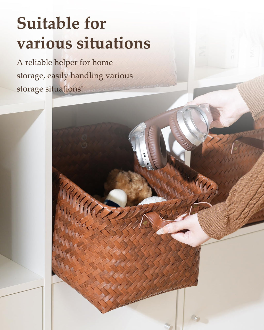 VZFXRD 15x10x9 Woven Laundry Basket Hamper, Storage Basket for Clothes Blankets, 4-Pack Wicker Bin for Closet Shelves Bedroom Bathroom, Brown