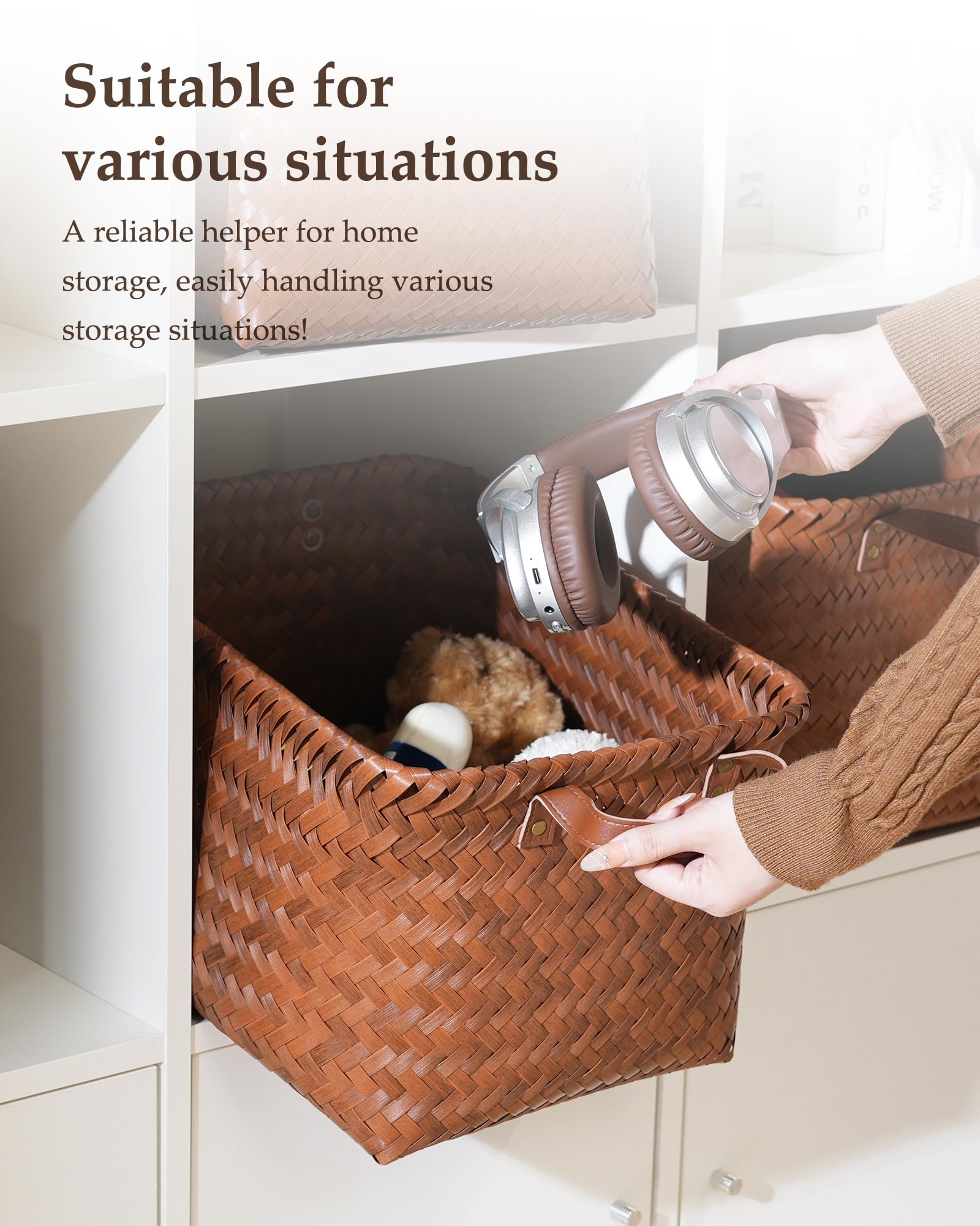 VZFXRD 15x10x9 Woven Laundry Basket Hamper, Storage Basket for Clothes Blankets, 4-Pack Wicker Bin for Closet Shelves Bedroom Bathroom, Brown