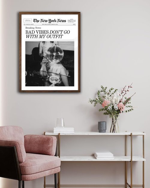 EcoHest Framed Wall Art - Bad Vibes Don't Go With My Outfit | 12x16 in Walnut OAK Wood, Retro Decor for Bedroom & Living Room