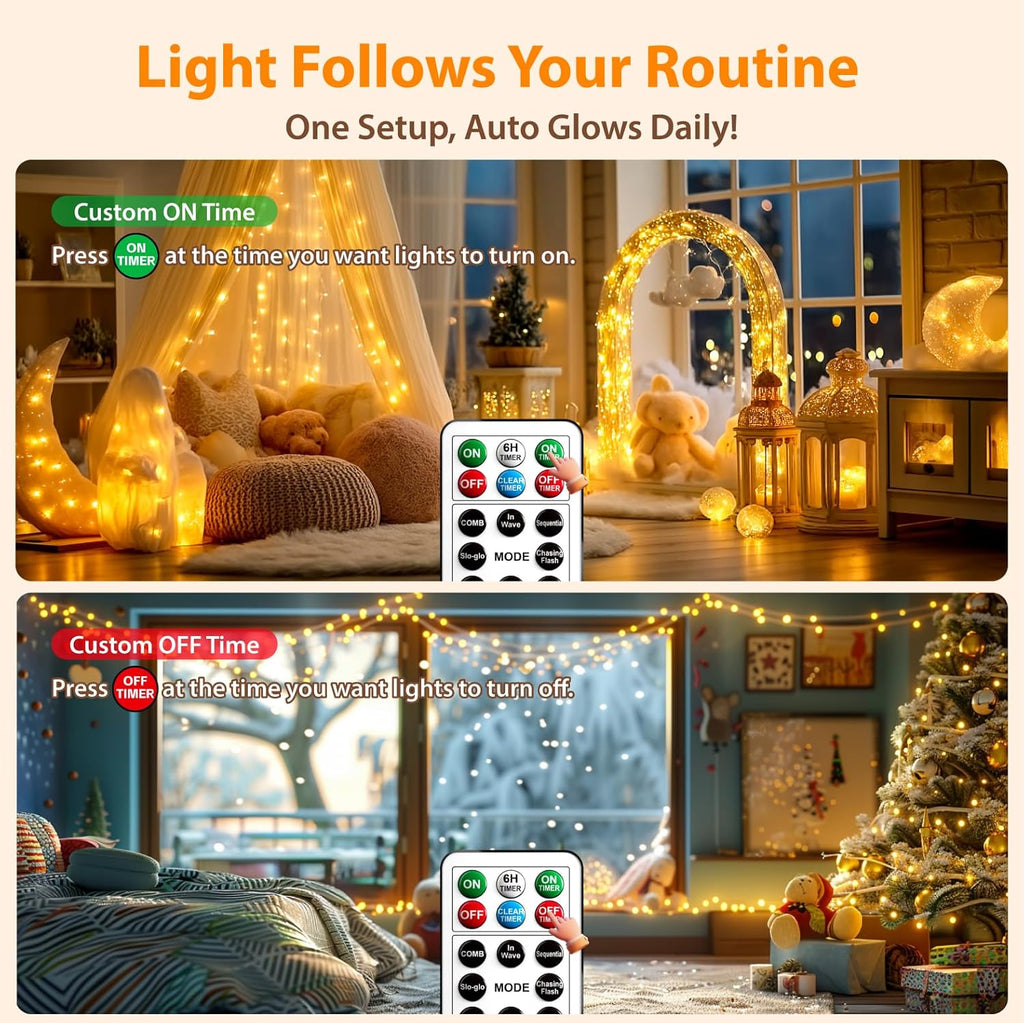 Skiennix 120L Twinkle Lights - 100 LED Rechargeable Fairy Lights with Remote & Timer Bundle