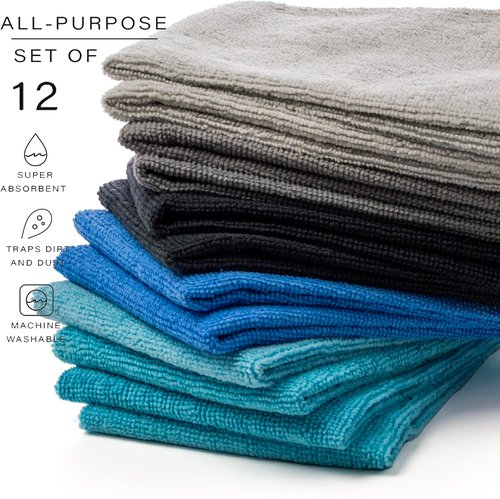BINO Microfiber Cleaning Towels Set - Ultra Absorbent Blue/Grey Ombre - 15x15 Inches | 12 Pack