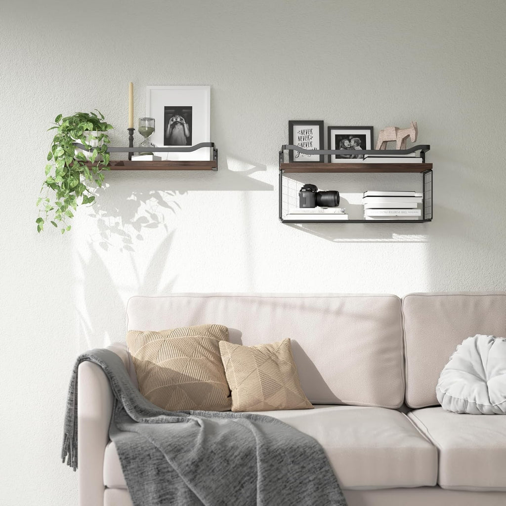 WOPITUES Floating Shelves - Stylish Wood Wall Storage with Metal Guardrail | Dark Brown, Ideal for Bathroom & Living Room