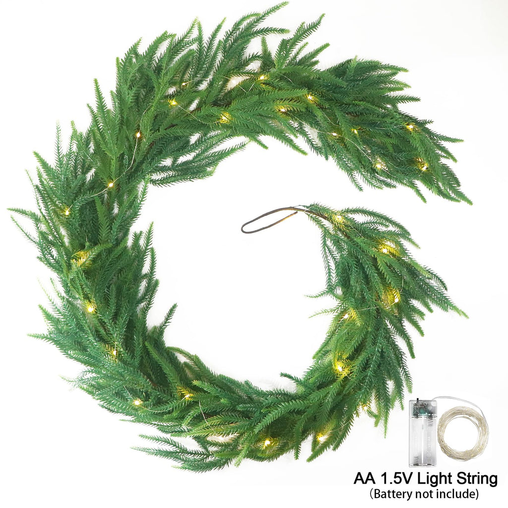Norfolk Pine Garlands with Light String, 6Ft Artificial Soft Christmas Pine Garland, Green Real Touch Greenery Garland for Table, Mantle, Staires, Wall, Premium Indoor/Outdoor Christmas Decorations