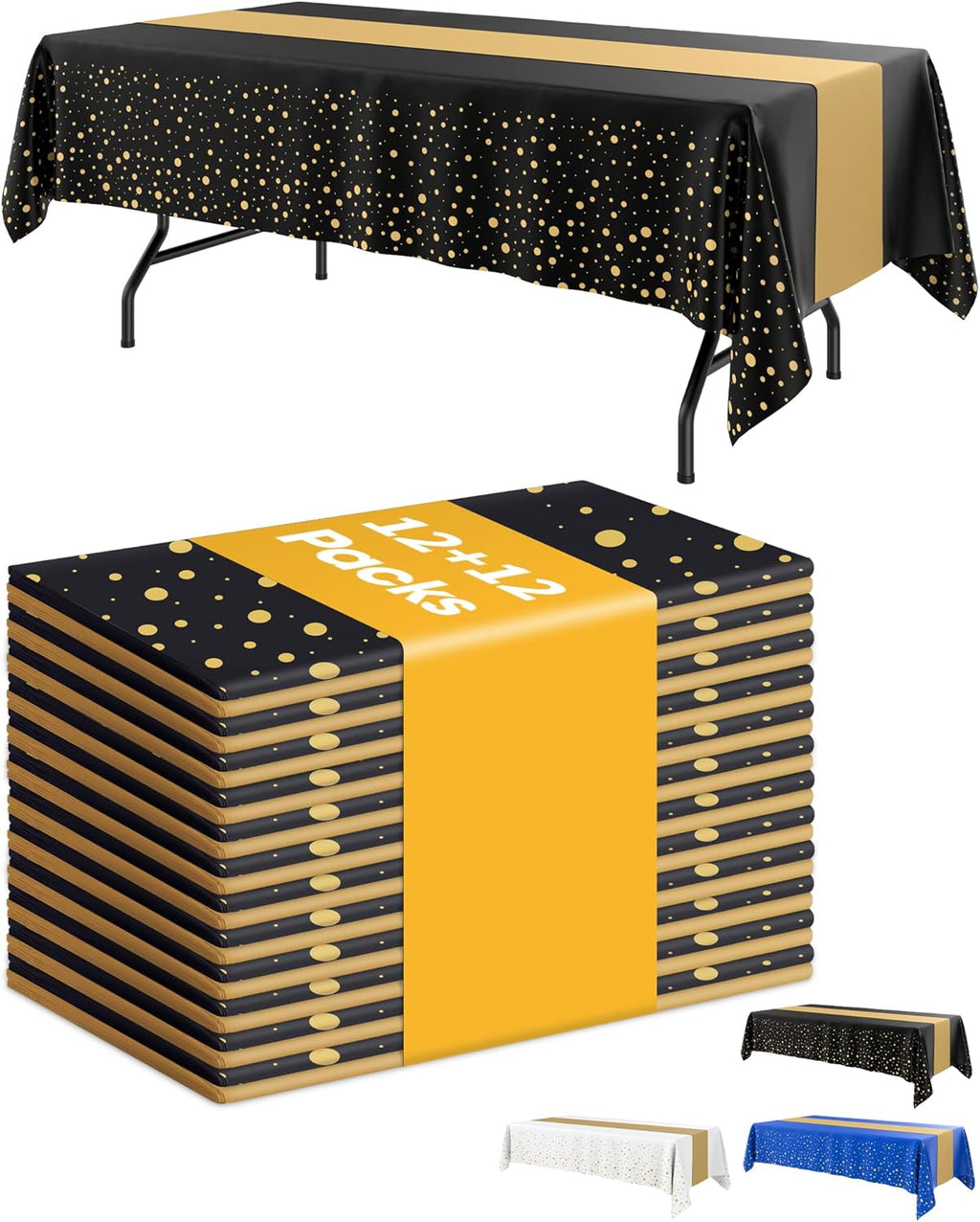 Niuara Table Cloth Set - Black and Gold Disposable Rectangle Table Covers | 12+12 Pack for Events
