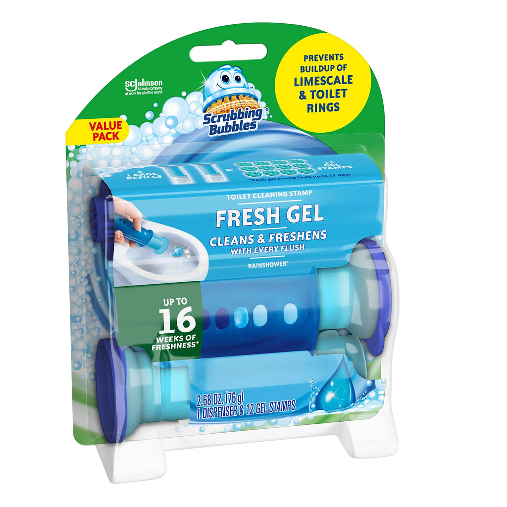Scrubbing Bubbles Fresh Gel Toilet Cleaning Stamp, Rainshower, Dispenser with 12 Gel Stamps, 2.68 oz
